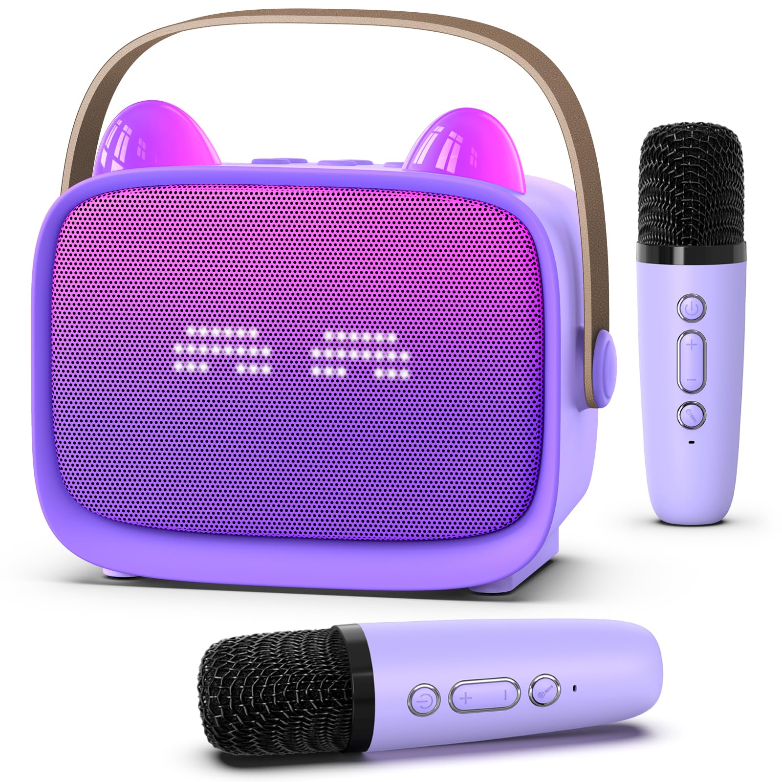 Photo 1 of Mgaolo Upgraded Mini Karaoke Machine Toy for Kids, Portable Bluetooth Speaker with 2 Wireless Mics, Emoji & Colorful LED Lights, Home Travel & Party Play Gifts for Boys Girls (Purple)