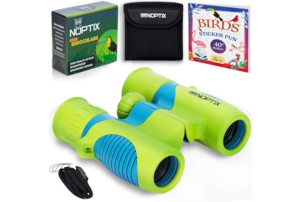 Binoculars for Kids, Girls or Boys Real Kids Binoculars in Vibrant Green Blue - Includes Sticker Book with 40 Bird Species - Small Toys for Toddlers