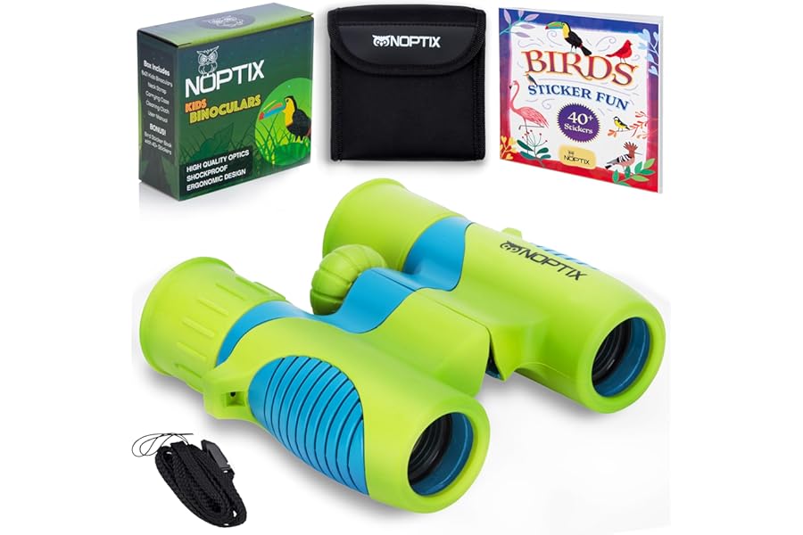 Binoculars for Kids, Girls or Boys Real Kids Binoculars in Vibrant Green Blue - Includes Sticker Book with 40 Bird Species - Small Toys for Toddlers