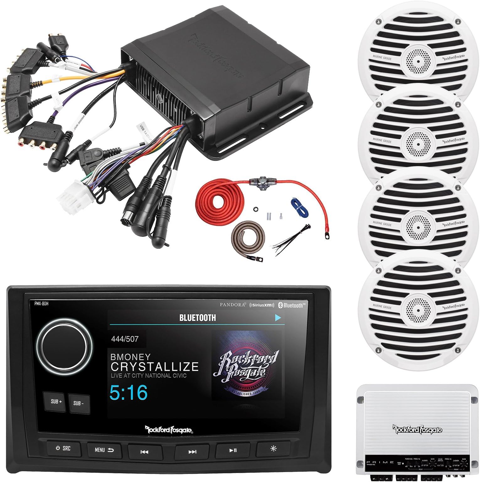 Rockford Fosgate Hide Away AM/FM Receiver, Wired 5" Display Head Unit, 4X 6.5 300W Marine White 4-Ohm Speakers, Marine Class D 4-Channel 400W White Amplifier, 8 AWG Power Only Amp Install Kit