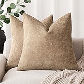 Foindtower Pack of 2 Textured Chenille Throw Decorative Pillow Covers Square Accent Solid Cushion Cover Neutral Farmhouse Pillow Case for Couch Sofa Bedroom Living Room 16x16 Inch,Taupe Khaki Camel