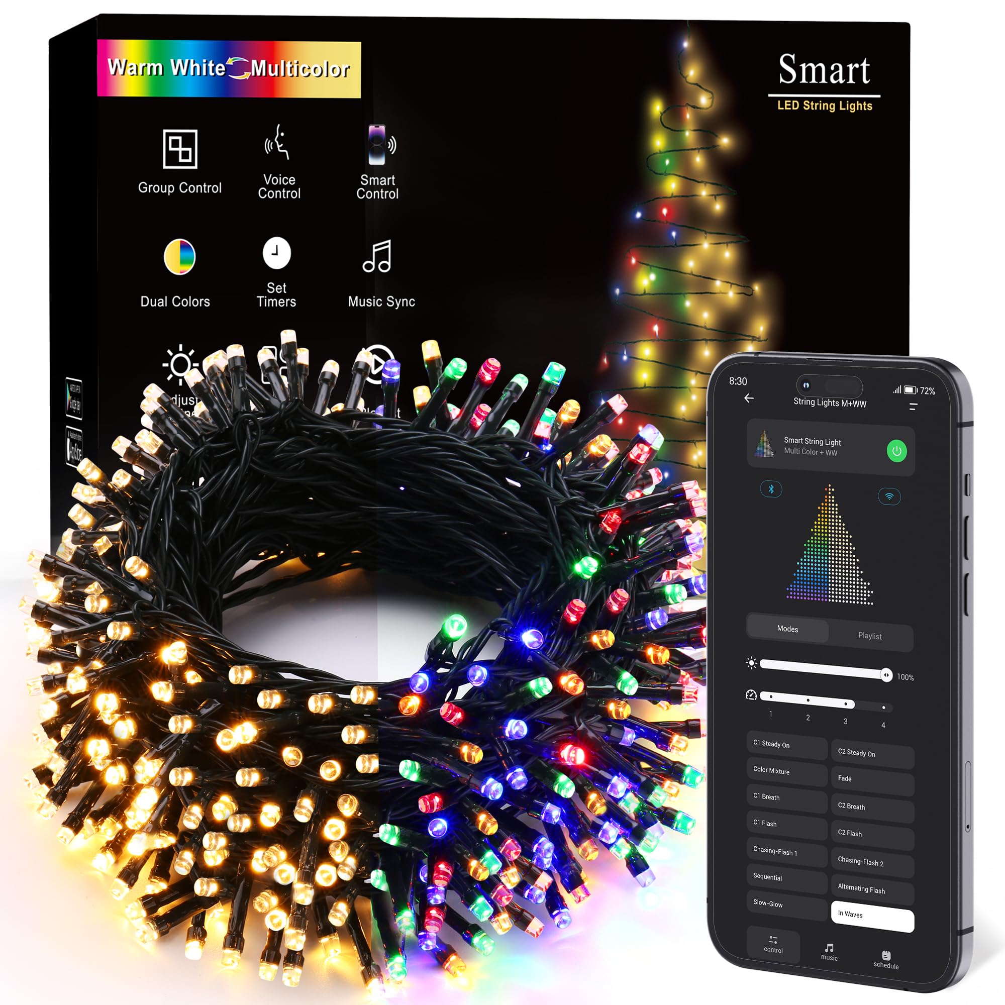Brizled Smart Christmas Lights, 66FT 200 LED Color Changing Christmas String Lights App & Voice Control, Dimmable Warm White & Multicolor Xmas Tree Lights Music Sync for Indoor Outdoor Wedding Party Image