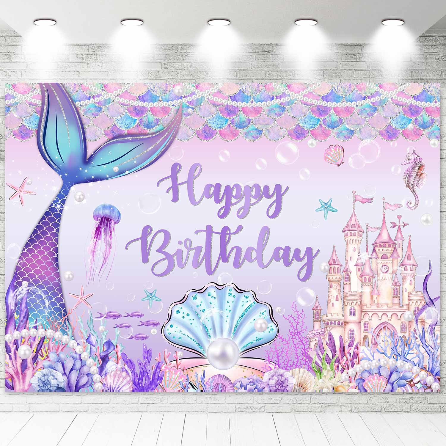 Photo 1 of Sensfun Mermaid Birthday Backdrop Under The Sea Birthday Party Decorations for Girl Underwater Castle Little Mermaid Bday Backdrop Blue Purple Scales Princess Mermaid Tail Photography Background 7x5ft