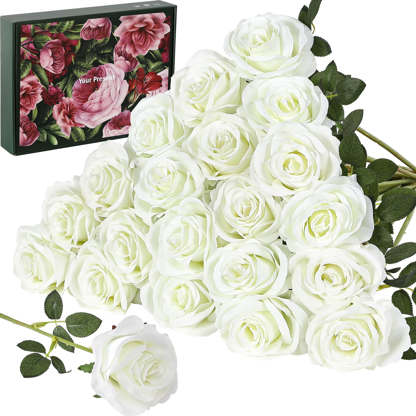 Photo 1 of 20PCS Artificial White Roses, 3.9'' Silk Flower Head Fake White Rose with Long Stems, Realistic Faux Roses Bouquet for DIY Wedding Home Party Office Decoration