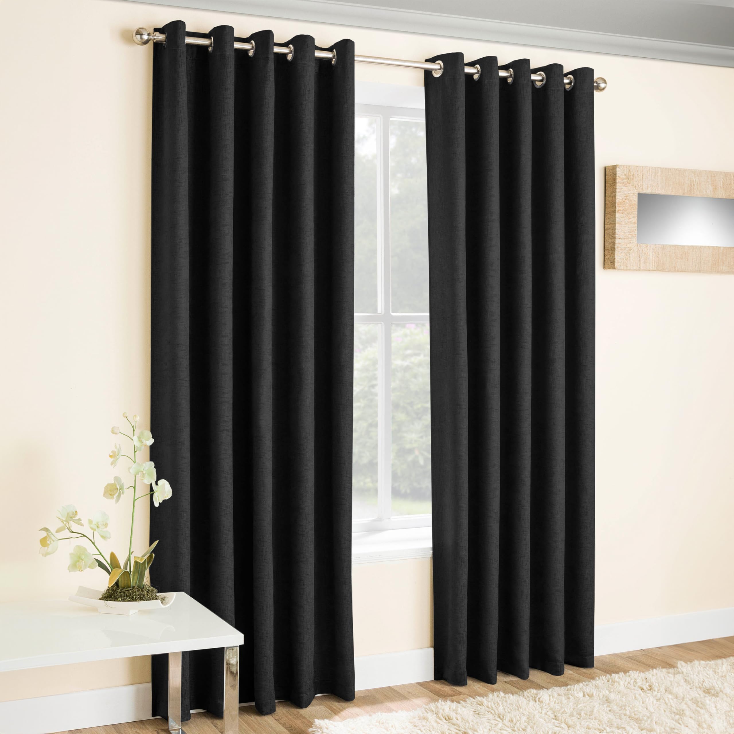 Enhanced Living Vogue Black 46 x 90 inch (117x229cm) Eyelet Thermal Noise Reducing Dim Out Curtains for Bedroom and Living Room