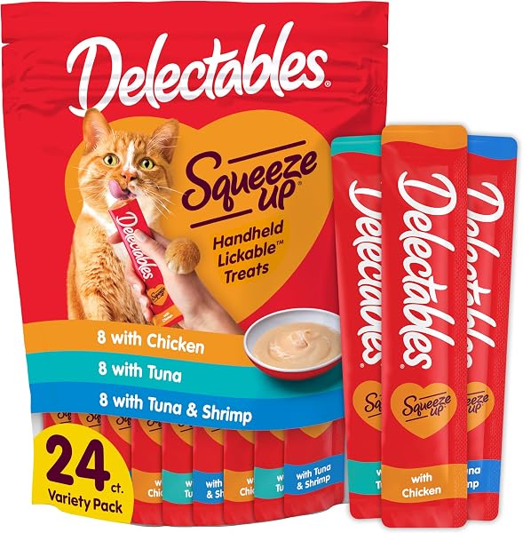 Delectables Squeeze Up Variety Pack, Creamy Squeezable Puree, Lickable Wet Cat Treats, Grain Free, No Added Fillers, No By-Pr
