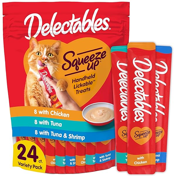 DELECTABLES SQUEEZE UP VARIETY PACK, CREAMY SQUEEZABLE PUREE, LICKABLE WET CAT TREATS, GRAIN FREE, NO ADDED FILLERS, NO BY-PRODUCTS, NO ADDED PRESERVATIVES, 0.5 OUNCES TUBE, 24 TUBES TOTAL