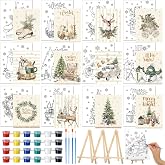 Kosiz 12 Sets Christmas Pre Drawn Canvas to Paint Xmas Stretched Coloring Painting Canvas Panels with Design Easel and Brushes for Party Supplies Beginner Favor Holiday Gifts