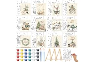 Kosiz 12 Sets Christmas Pre Drawn Canvas to Paint Xmas Stretched Coloring Painting Canvas Panels with Design Easel and Brushes for Party Supplies Beginner Favor Holiday Gifts