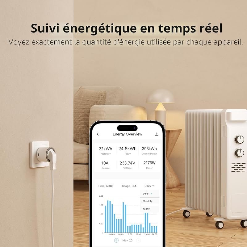 S60ZBTPF Prise Intelligente Zigbee à relais, Blanc/Gris, Contrôle à Distance, Suivi Énergétique, Programmation, Protection contre les Surcharges, Répéteur, eWeLink, Hub Requis