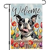 DLZDN Spring Dog Garden Flag Boston Terrier Floral Flag 12×18 Inch Double Side Vertical Burlap Farmhouse Yard Sign Seasonal Outdoor Decoration