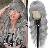 MINSEEYOO Gray Wig with Bangs for Women Long Grey Wavy Wigs 26 Inch Gray Wigs Natural Looking Heat Resistant Synthetic Wig for Daily Party Use