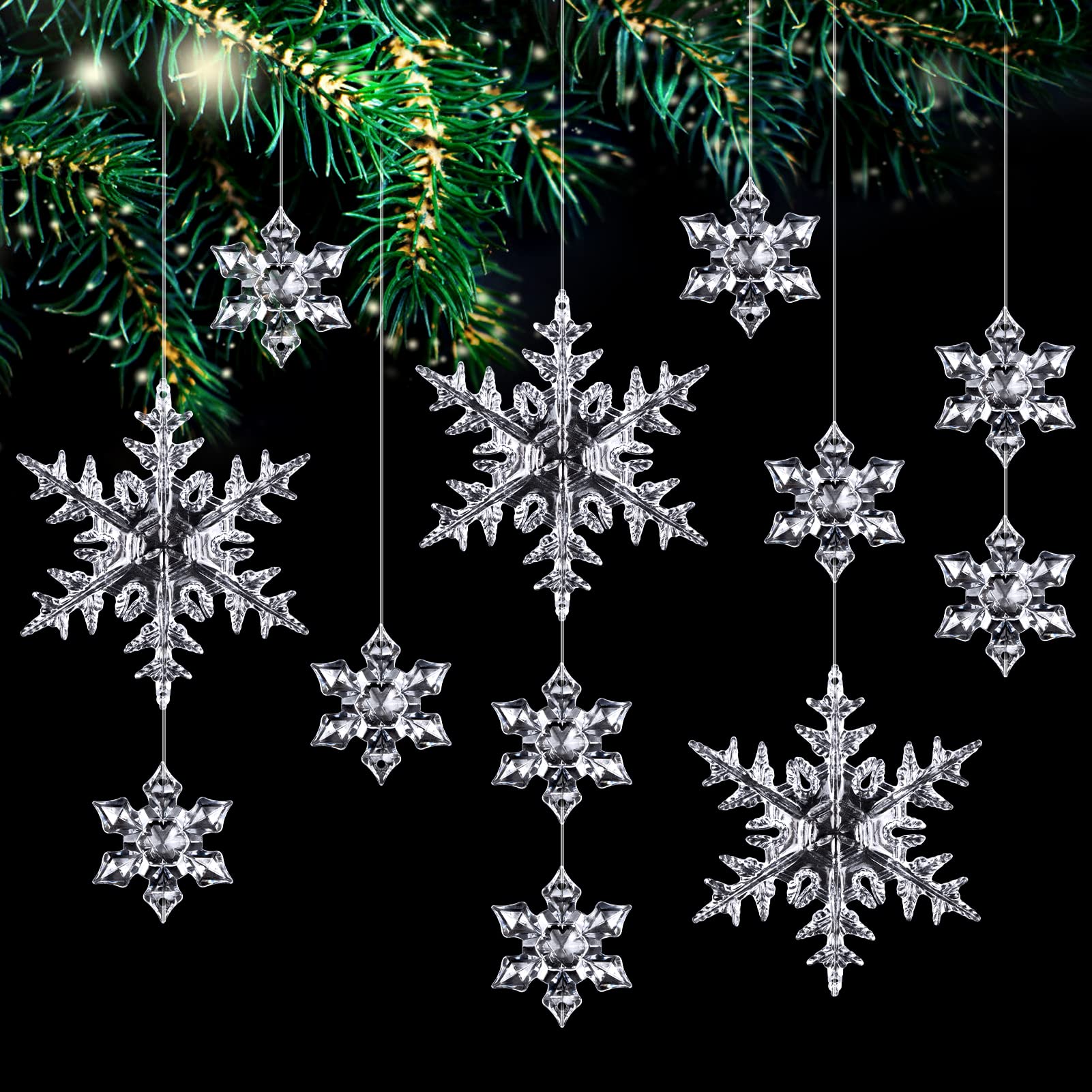 Kiiwah 25pcs Crystal Snowflake Christmas Tree Ornaments Acrylic Snowflake Hanging Christmas Decoration Winter Wonderland Snowflake Hanging Pendants for Xmas Tree Home Party Supplies