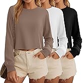 Ficerd 3 Pack Cotton Cropped Long Sleeve Tops for Women Loose Fit Crew Neck Drop Shoulder Crop T Shirts Basic Tee