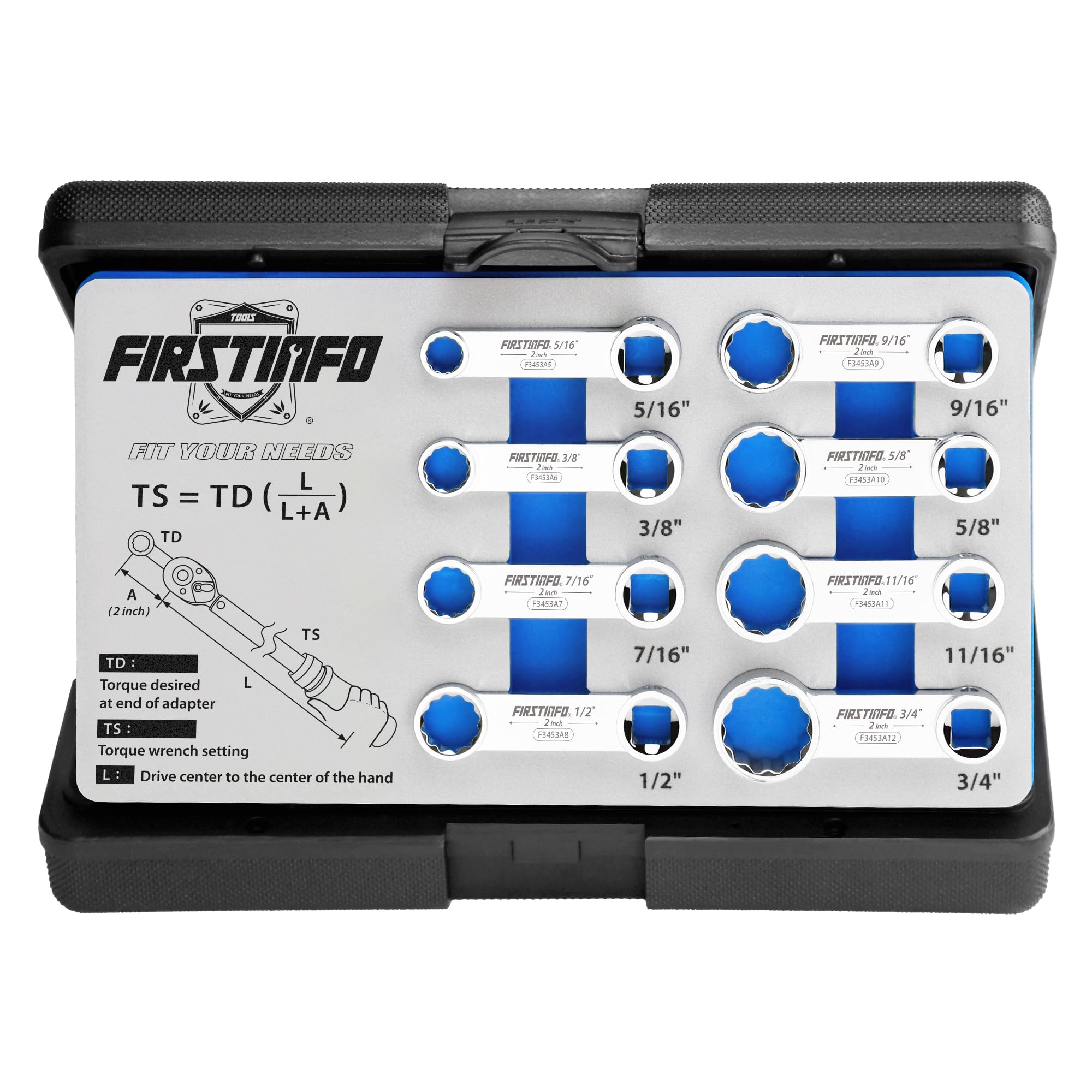 FIRSTINFO F3453A 3/8-inch Drive SAE 12 Point Box End Torque Adapter Extension Set, 8 PCS w/Blow Case -Chrome Vanadium Steel Construction