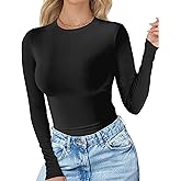 YOGINGO Womens Ribbed Long Sleeve Shirts Basic Tops Crew Neck Slim Fit Tees Going Out Y2k Tight Casual Trendy Clothes