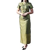 RaanPahMuang Luxurious Thai Silk Dress Chinese Front Cut Stitch Outfit