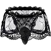 IPHREECO Femboy Sissy Pouch Panties, Men's Bow-knot Lace Briefs Frilly Skirted Underwear Sexy Lingerie Crossdress Panties