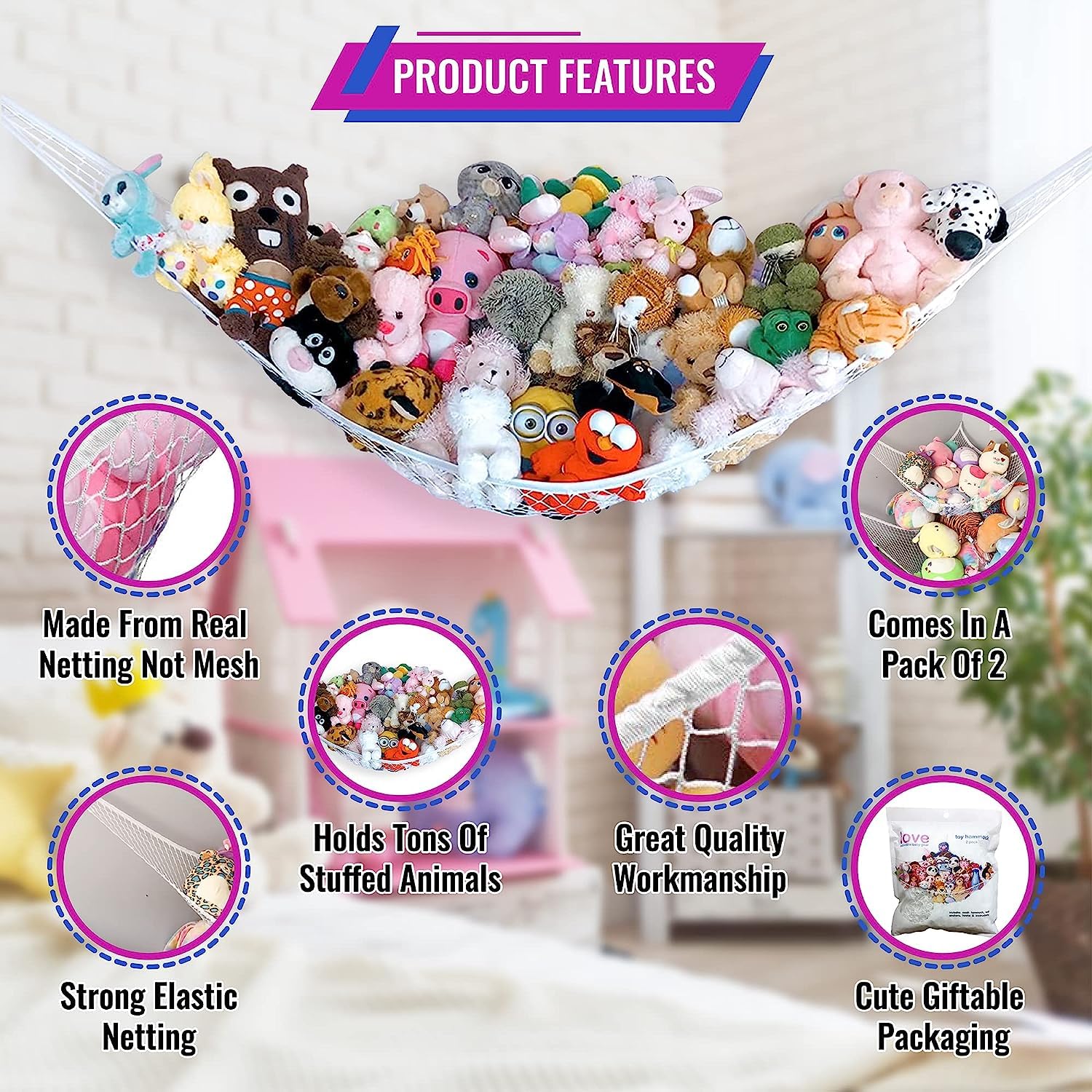 Lilly's Love Stuffed Animal Net Hammock for Plushie Toys - Large 2 Pack