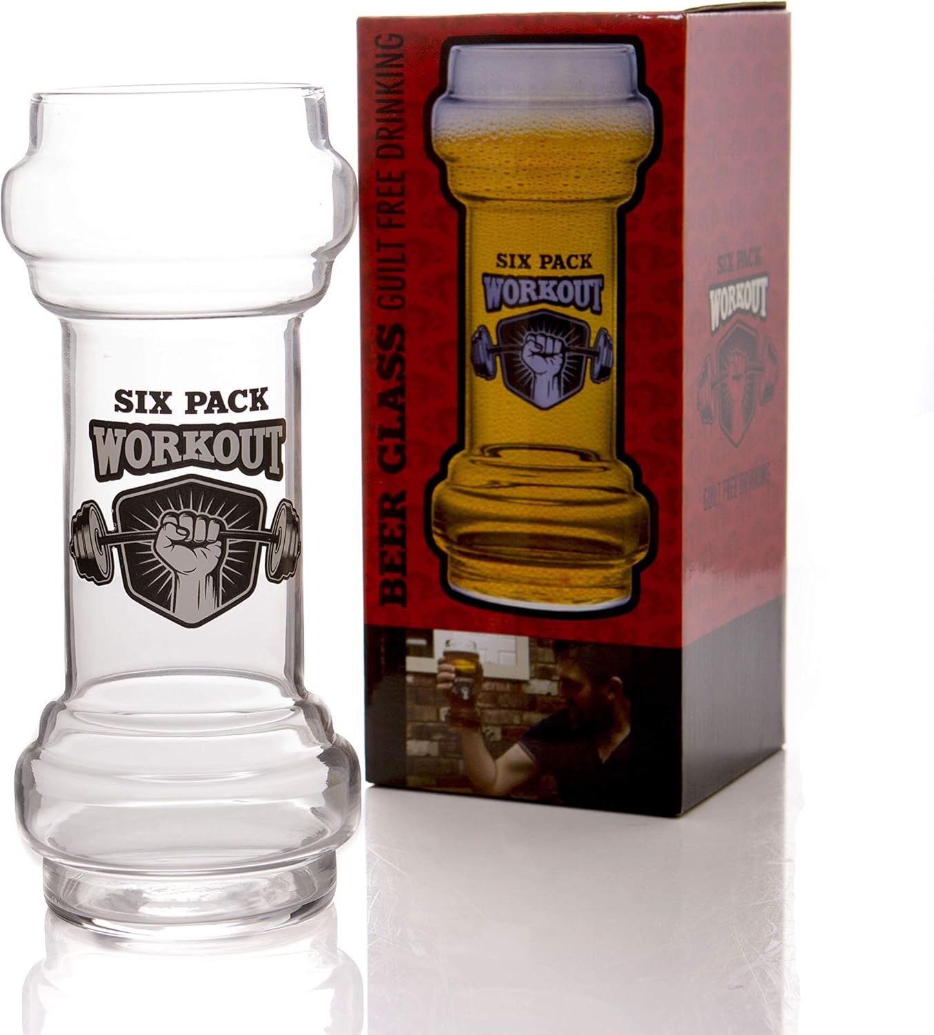 Boxer Gifts ‘Six Pack Workout’ Novelty Mens Pint Glass | Dumbbell Shaped Beer Glass | Gift For Birthday, Christmas Or Father’s Day