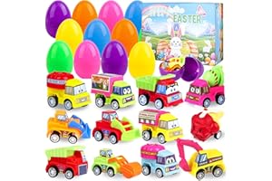 12 Pcs Filled Easter Eggs with Pull Back Construction Cars, Toddler Easter Egg Hunt for Boys, Easter Gifts for Kids, Easter B