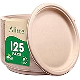 Compostable Plates, Disposable Heavy Duty Paper Plates - [125 Count] 9 Inch, Unbleached Biodegradable, Made of Natural Sugarcane Bagasse, Brown, For Everyday Use Meals, Dinner, Party, Eco-Friendly