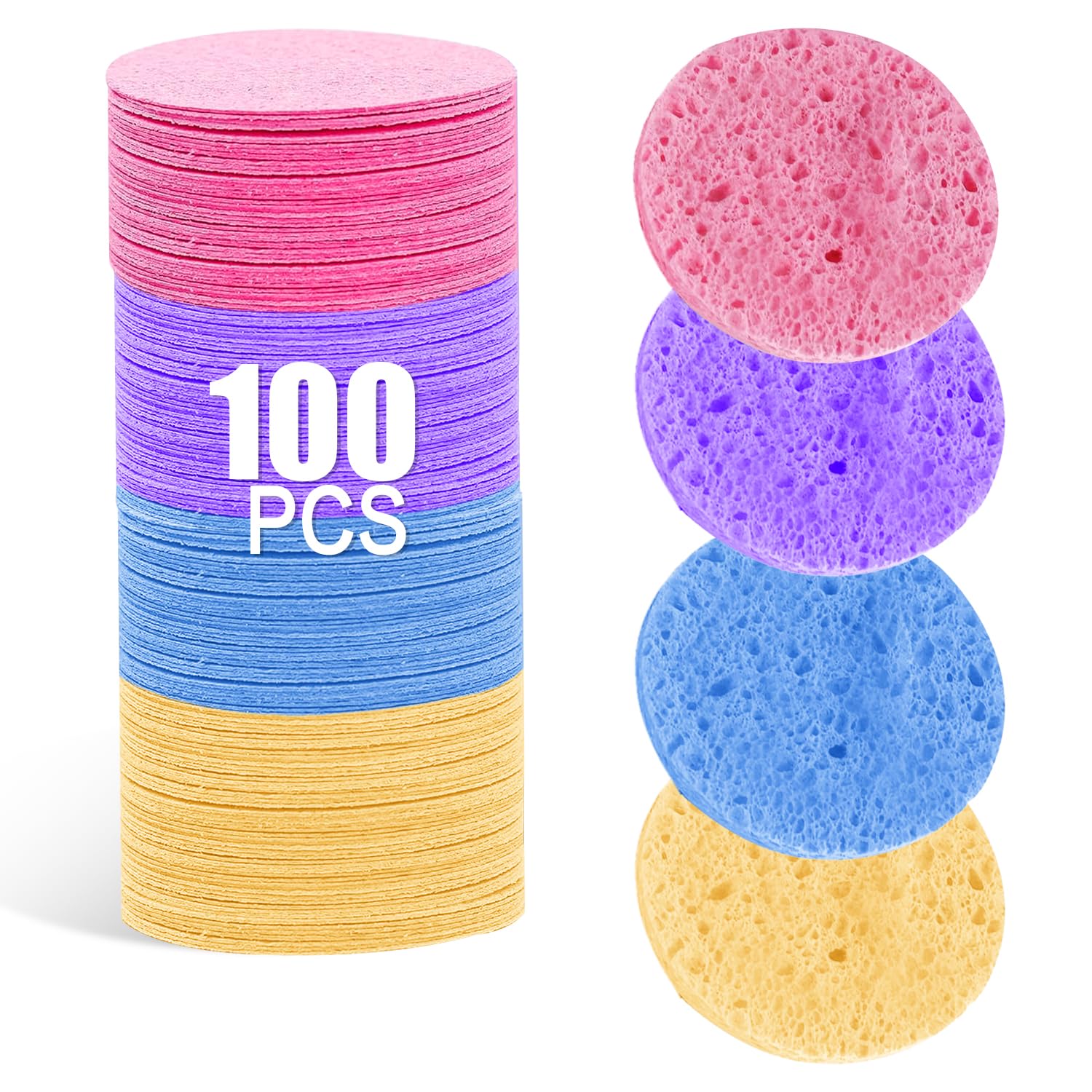 Spunspon 100-Count Facial Sponges Compressed Natural Cellulose Sponge Round Shape Face Sponge for Face Cleansing Exfoliating and Makeup Removal, Mixed Color