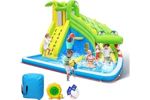 Culaluva Inflatable Water Slide: 5 in 1 Crocodile Blow up Bounce House for Kids - Splash Pool Cannon Climbing Wall Basketball Rim 480W Blower - for Backyard Outdoor Birthday Party
