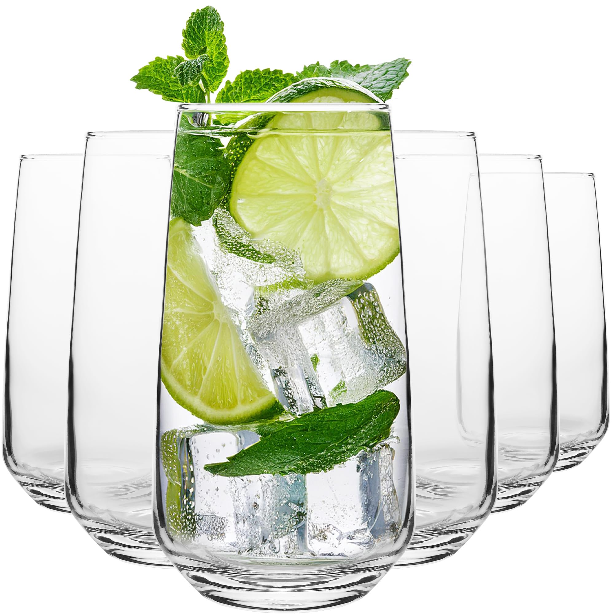 Homiu Highball Drinking Tumbler Glasses | Set of 6 | 480ML | Crystal Glasses | Highball Glasses | Drinking Glassware | Florence Collection | Dishwasher Safe