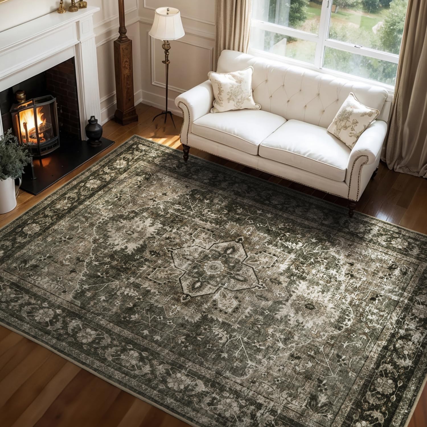 Photo 1 of Olive Green Washable 5x7 Area Rugs for Living Room Rug Bedroom Rug-Carpet Neutral Vintage Dining Room Rugs for Under Table Soft Comfortable Non Slip
