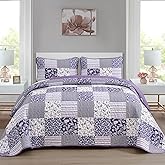 Mybedsoul Purple Quilt Set King Size Quilt Bedding Set Brown Plaid,3 Pieces Floral Patchwork Reversible Bedspread Coverlet Set for All Season,Soft Microfiber Bedding Set King 90"x104"