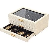 CASE ELEGANCE Large 3 Tier Jewelry Box, Storage Case Organizer for Women Girls Wife, Glass Lid for Earrings Bracelets Rings Necklaces, Shagreen Vegan Leather, Velvet Lined Jewelry Box, Brass Hardware