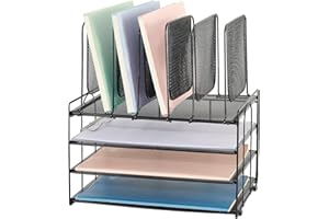 AUPSEN 3 Tier Desk Organizer with 5 Section Vertical File Holder, Metal Paper Tray Sorter, Detachable for Office School (Black)