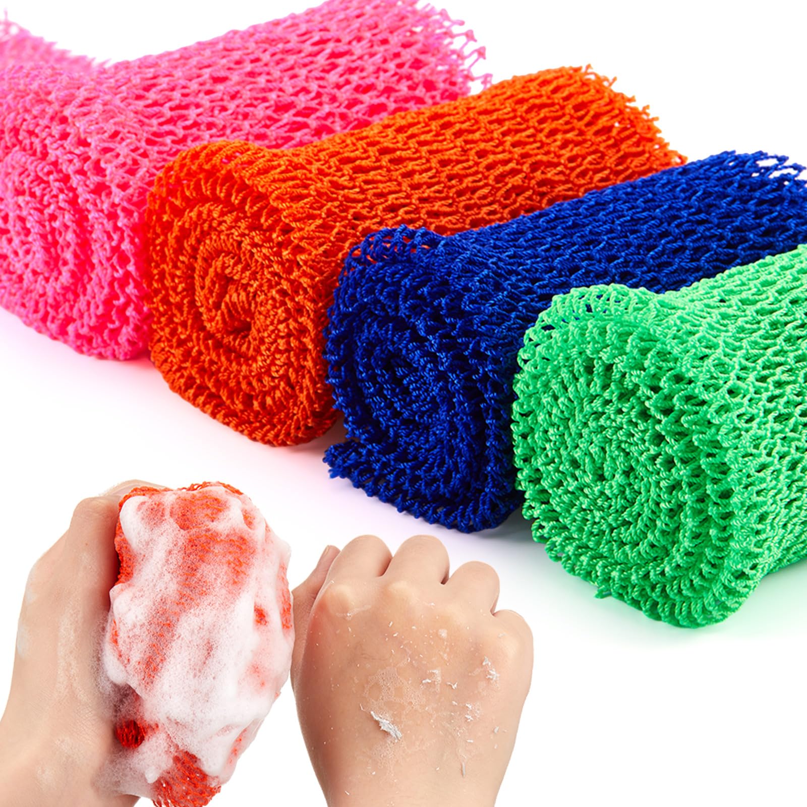 4 Pieces African Net Long Bath Net Sponge Exfoliating Shower Body Scrubber Back Scrubber Skin Smoother for Daily Use or Stocking Stuffer (Assorted Color,25.6 x 7.9 inch)