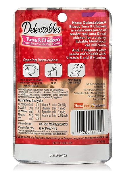 “HARTZ DELECTABLES SENIOR BISQUE LICKABLE CAT TREATS – TUNA/CHICKEN 4 POUCHES”