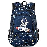 BLUEFAIRY School Backpack for Boys Kids Elementary School Book Bags Space Spaceman Astronaut Back to School Bookbags Mochilas Escolares para Niño 17" Navy Blue