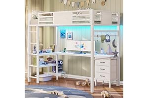 ADORNEVE Loft Bed Twin Size with L-Shaped Desk, LED Lights,Charging Station, Twin Metal Loft Bed Frame with Fabric Drawers & Shelve, 13.4" H Safety Guardrail, No Box Spring Needed, White