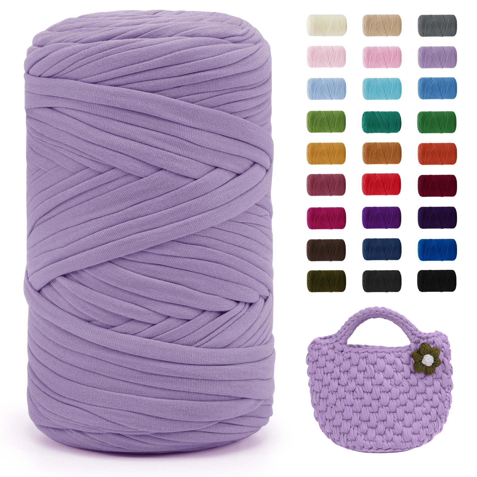 Uiopa Light Purple T-Shirt Yarn, 400g/120m Elastic Fabric Crochet Cloth T Shirt Yarn, Chunky Hand Knitting Polyester Ribbon for Crocheting Bags/Baskets/Rugs, Home Decor, DIY Crafts