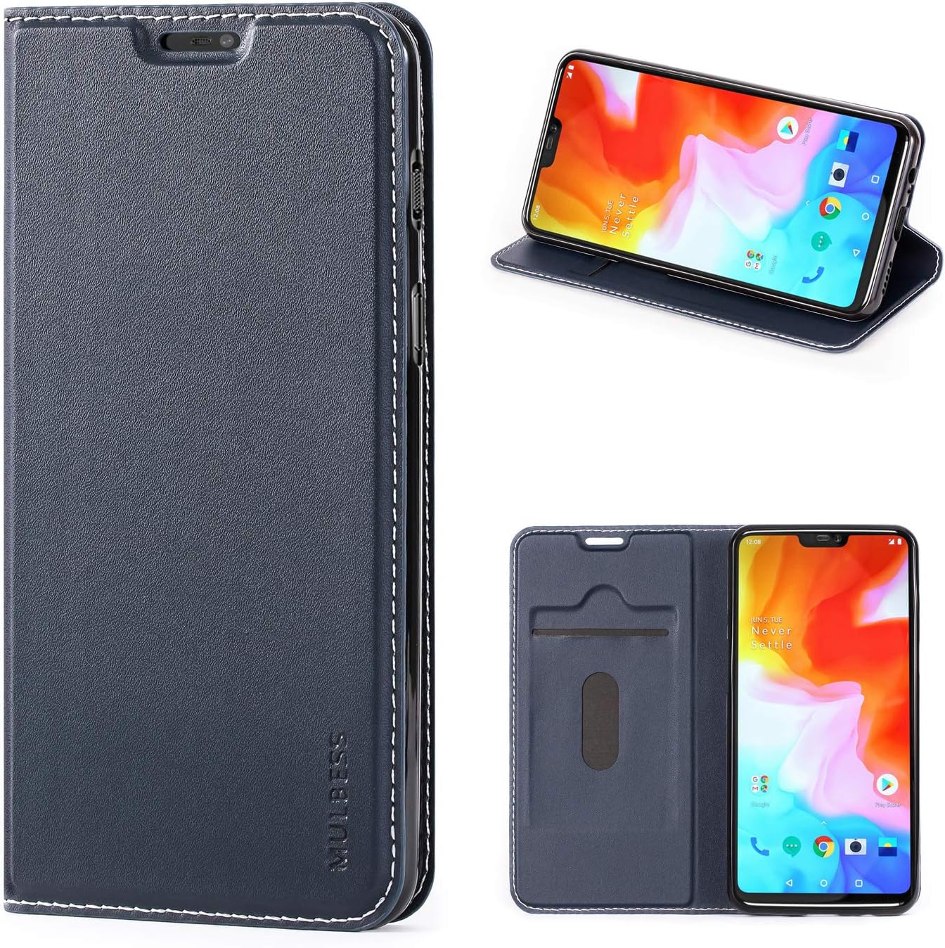 Mulbess OnePlus 6 Case Wallet, Folio Flip Leather Phone Case with Magnetic Closure for OnePlus 6 Cover, Navy Blue