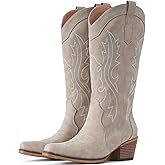 IUV Cowboy Boots For Women Western Cowgirl Boots with Chunky Heel Mid Calf Snip Toe Ideal for low insteps