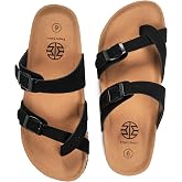 E E EMPTY ENTIRE Women's Cross Strap Sandals | Cork Footbed with Arch Support,Soft Cushion, Adjustable Metal Buckle Faux Suede Flat Sandals, Comfy Summer Slides for Women