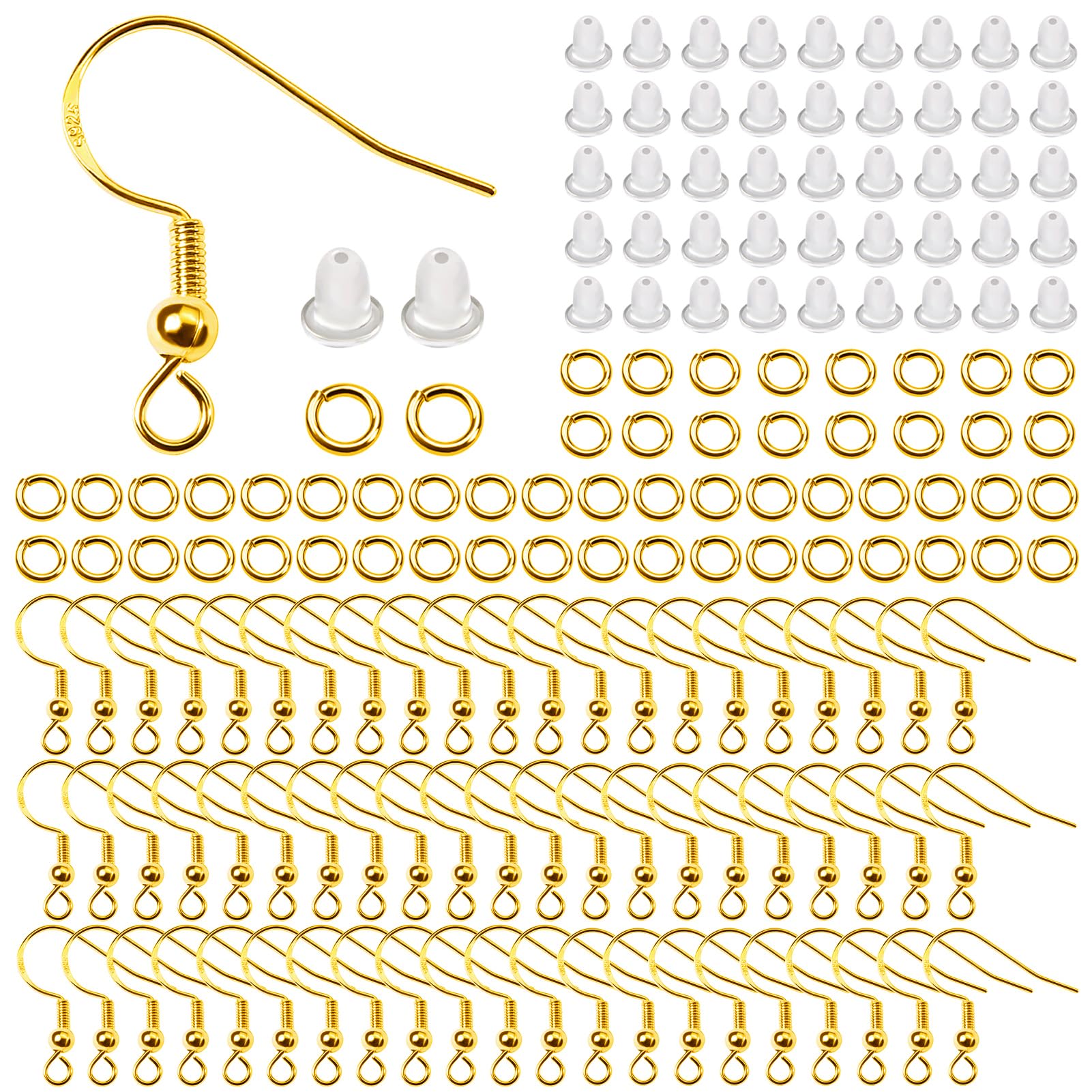 TOAOB 300 Pieces Gold Earring Hooks, Jump Rings for DIY Earrings Jewellery Making, Polished Metal, Golden, Classic Style