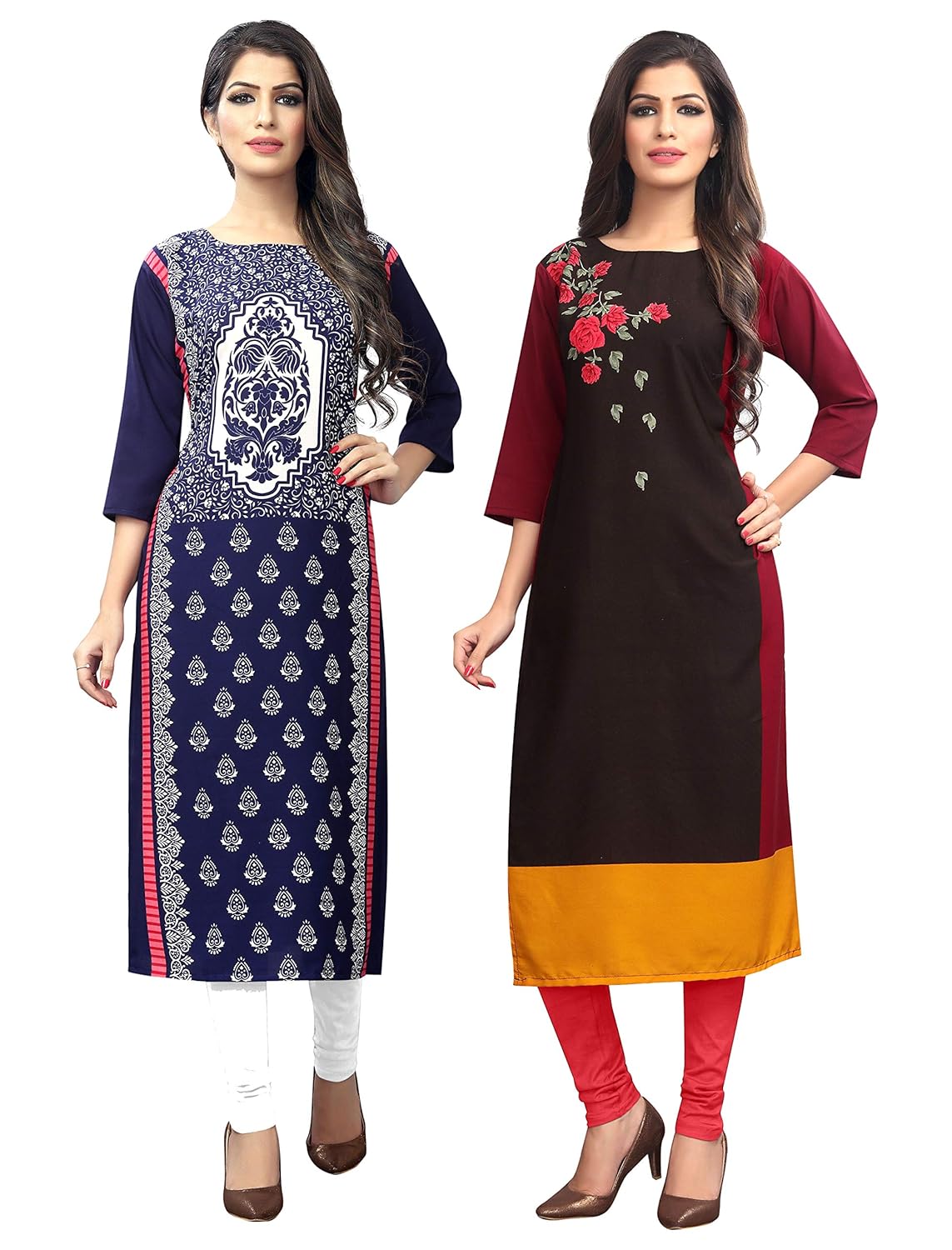 1 stop fashion women's multi-coloured crep knee long w style kurtas/kurti (pack of 2)