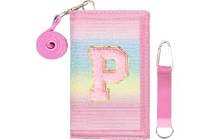 SiorVeol Girls Wallet for Kids Initial Glitter Wallets Trifold with Zipper and Card Slots Including Neck Lanyard and Hanging Strap, Rainbow with Stripes, P