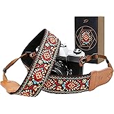 Padwa Lifestyle Red Vintage Embroidered Camera Strap - 2" Wide Cowhide Head Camera Straps,Pure Cotton Woven Adjustable Shoulder & Neck Strap for All DSLR Cameras,Great Gift for Men&Women Photographers