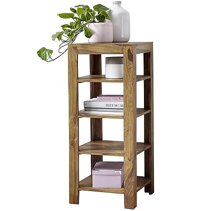 FineBuy Standregal Massiv-Holz Sheesham 105 cm Wohnzimmer-Regal mit 4 Ablagefächer Design Landhaus-Stil Beistelltisch Natur-P