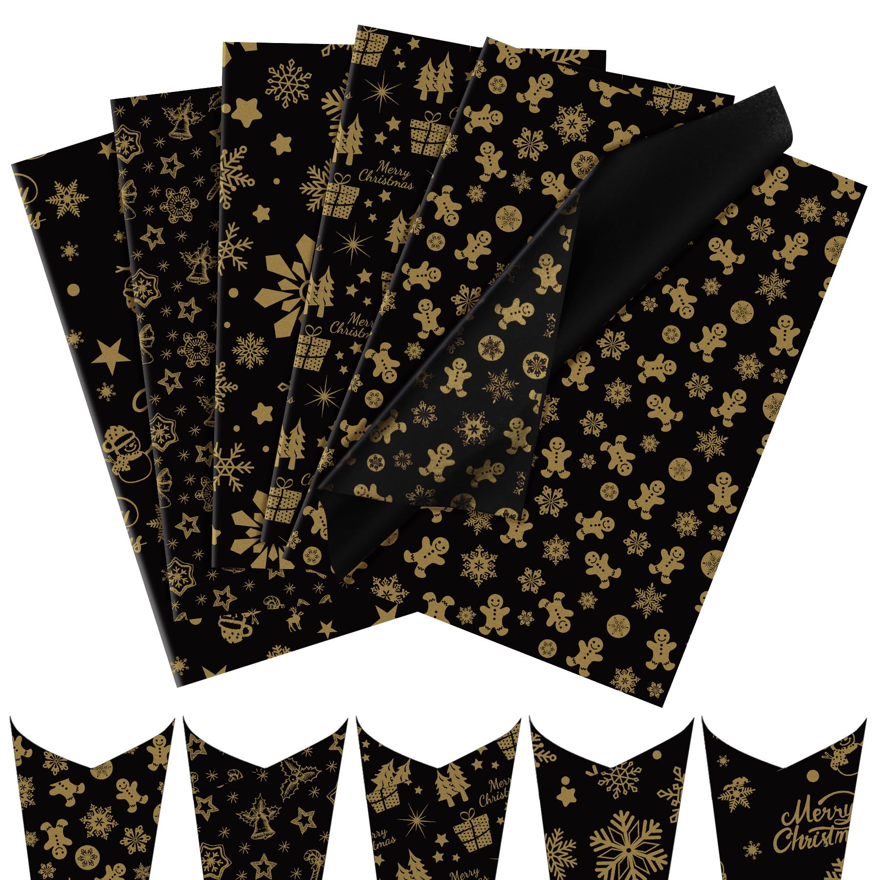 Larcenciel Christmas Tissue Paper, Metallic Black Gold Tissue Paper for Wrapping Gift & Gift Bag, Snowflake Xmas Tree Gift Wrap for Christmas Party DIY (50x30cm, 50 PCS)