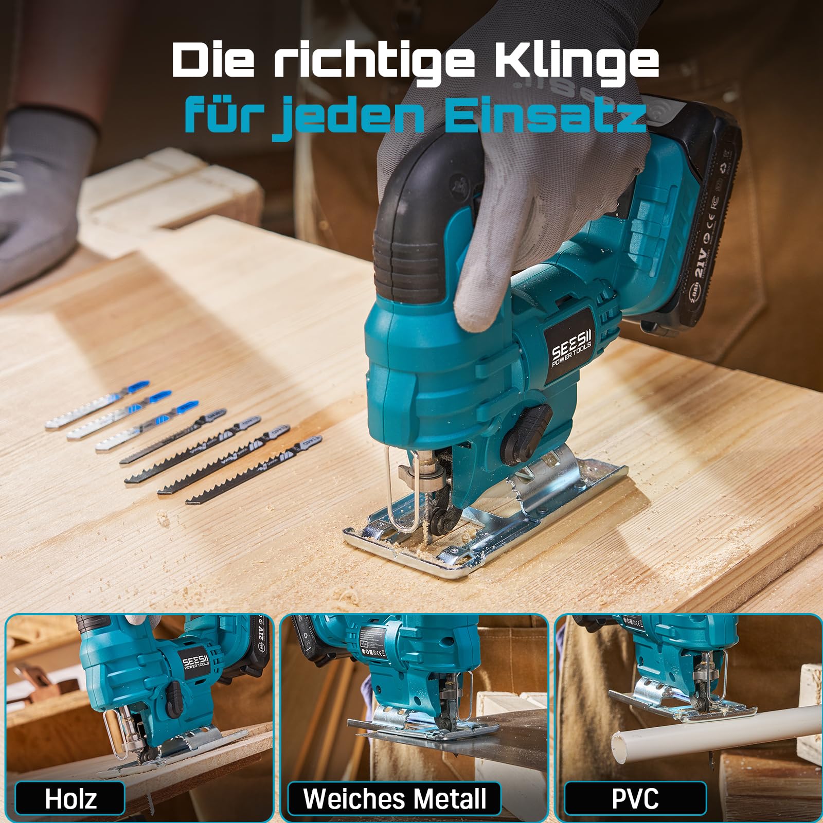 Seesii Stichsäge 21V, Akku Stichsäge mit Akkus und Ladegerät Set, 6-Stufen, Mit LED, 0°-45° Gehrung, 4 Pendelhub-Einstellungen, 20mm Hubhöhe, 2800 SPM, 9 Sägeblättern, mit Tragetasche 3
