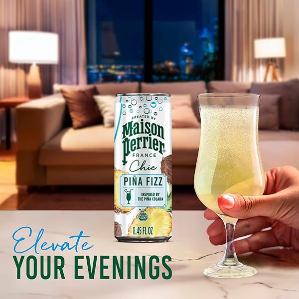 MAISON PERRIER CHIC PINA FIZZ, PINEAPPLE AND COCONUT FLAVORED SPARKLING BEVERAGE, LOW CALORIE, MOCKTAIL, 4-PACK