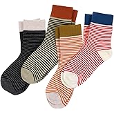 Ouligay 4 Pairs Athletics Crew Socks for Women Cute Socks Ankle Cotton Sock Retro Style Colorful Striped Sock Vintage Fun Fashion Aesthetic Cotton Crew Sock